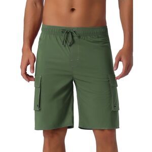 Drawstring Waist Solid Color Side Pockets Lining Summer Board Shorts Olive Green